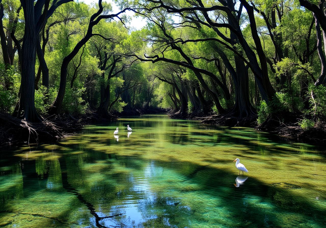 A clear Florida spring with cypress trees